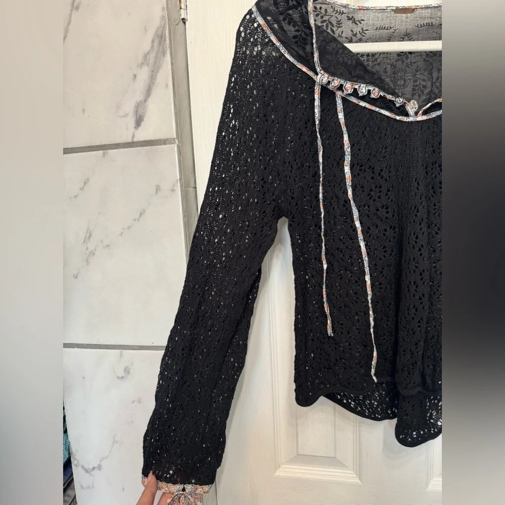 Free People Black Lace Long Sleeve Women’s Top Boho Festival